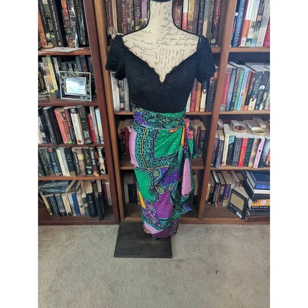 Lian Carlo Size 8 VTG Neon Paisley Quilted Maxi Wrap Skirt Dress Boho Festival